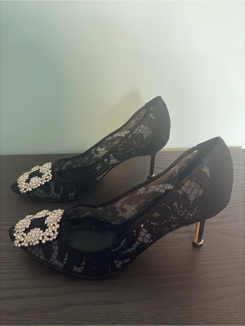 Manolo Blahnik Black Lace Pumps with Crystal Buckle - Picture 5 of 12